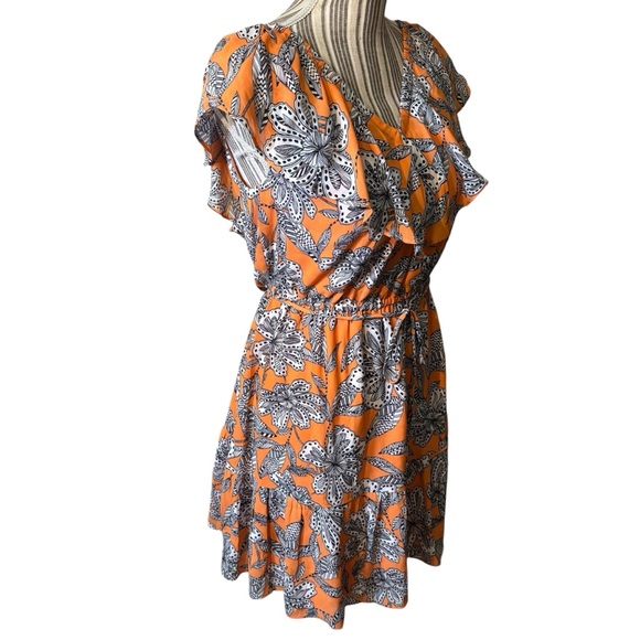 LOFT Dress XS Orange Black White Floral Mini Retro Ruffled Elastic Neckline Boho - Picture 7 of 16